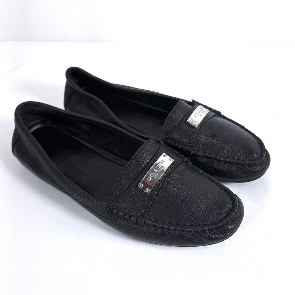 Coach Fredrica Loafers Black Pebble Leather Silver Logo Driving Mocs Women Sz 7B